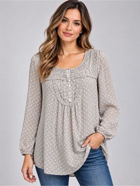 Daniel Rainn Polka Dot Lace Peasant Blouse Boho Romantic Size L